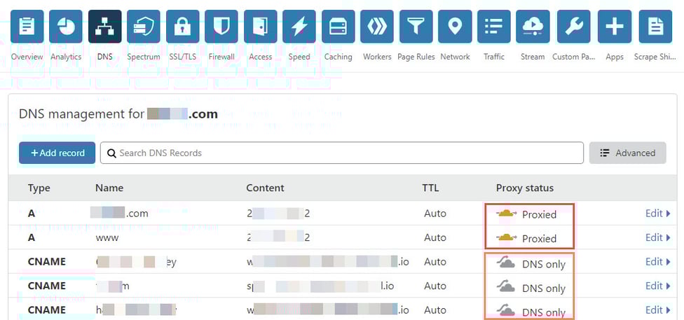 Screenshot of Cloudflare DNS page