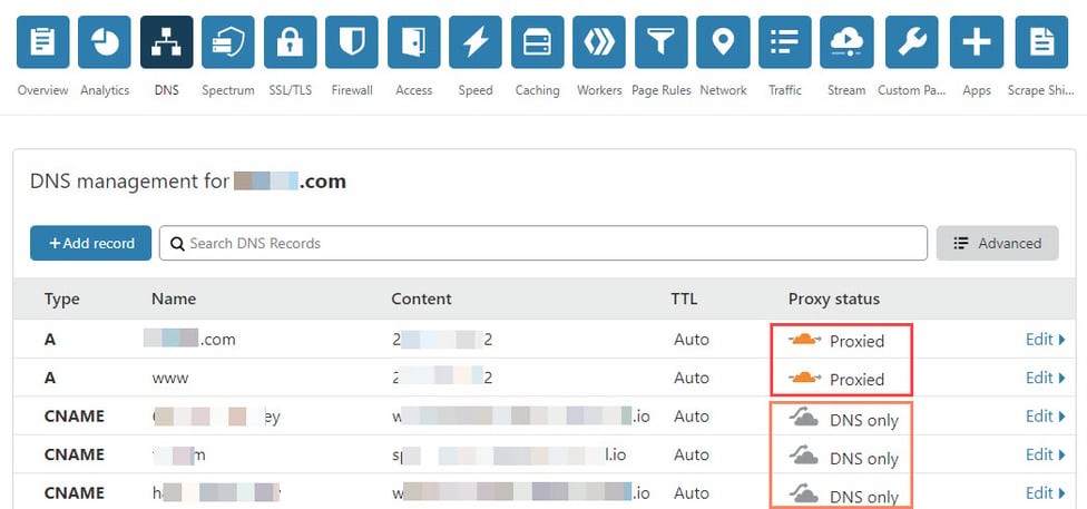 Screenshot of Cloudflare DNS page